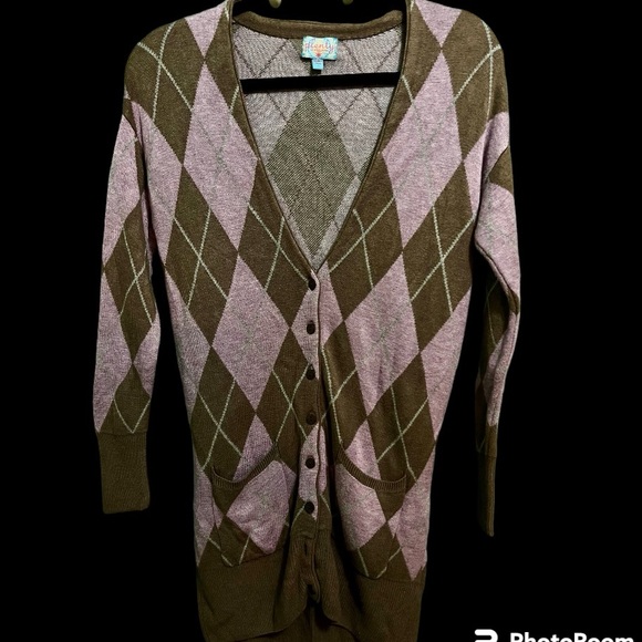 Vintage Plenty by Tracy Reese Argyle Diamond Long Cardigan Sweater M - 8 - Picture 2 of 7